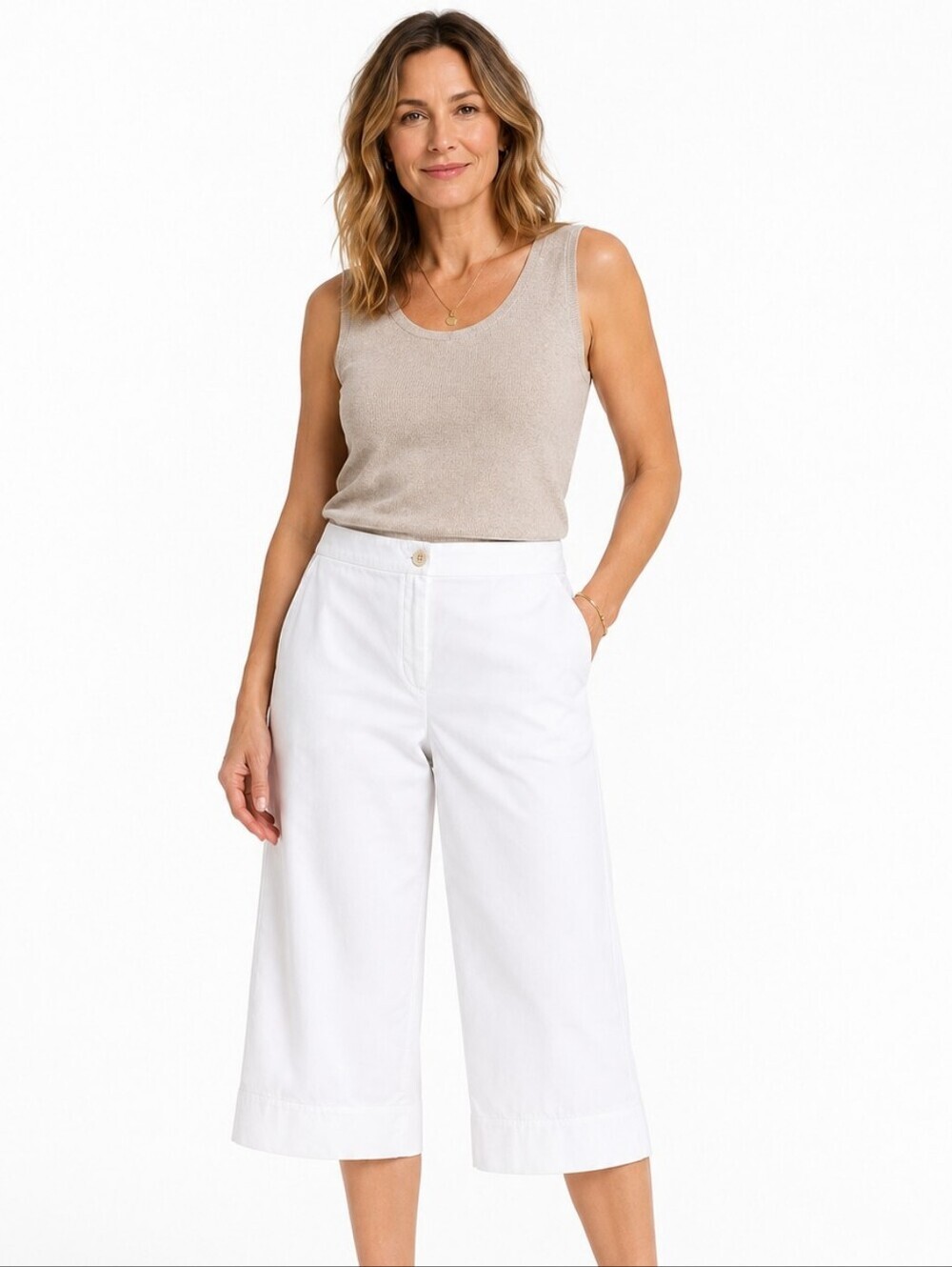 Oscar de la Renta White Viscose Cotton Cropped Wide-Leg Pants Capris 10
